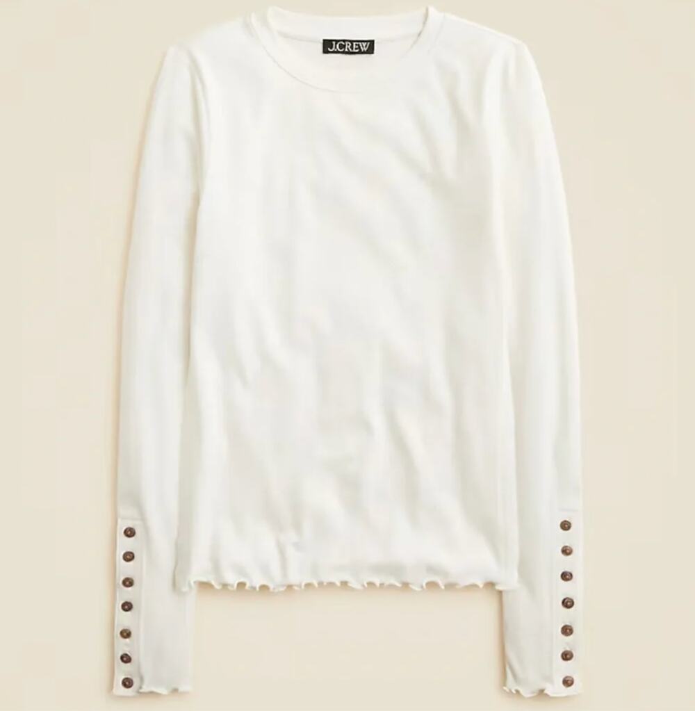 J. Crew Refined Rib Crewneck Long Sleeve Tee Shirt with Button Cuffs Cream White